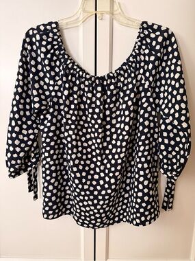 J. Crew Navy Peasant Blouse with White Spot Print